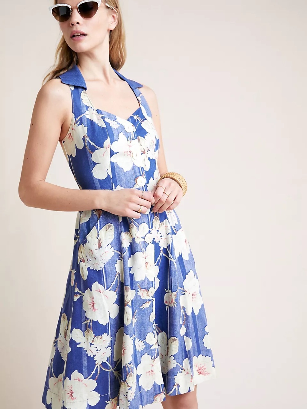 Anthropologie Camellia Collared Dress Navy and Cream Floral Swing Midi Dress S14